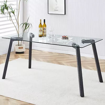 63  Black Coating Metal Legs Glass Dining Table Modern Minimalist Rectangular • $274.13