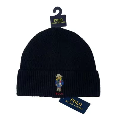 Polo Ralph Lauren Beanie Polo Bear Cowboy RL Black Winter Hat Wool Blend New • $39.99