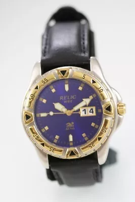 Relic Wet Watch Men Silver Gold Stainless St Brown Leather 50m Date Blue Quartz • $34.95