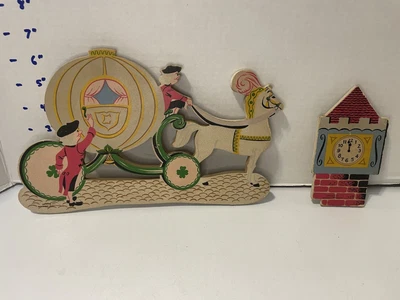 $17 • Buy Vintage 1950’s Dolly Toy Co. Cinderella Carriage & Clock Nursery Wall Art 2 Pcs