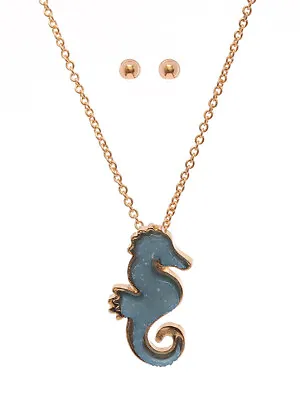 SEAHORSE Blue Druzy Sea Horse Yellow Gold Plated Necklace & Earring Set • $11.70