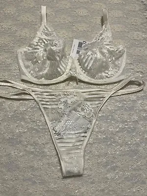 La Perla Malizia Spring In New York 32D M Sheer Bra Thong Set Ivory Lace • $139.99