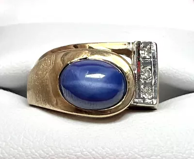 Vintage Mens 14k Yellow Gold Lindy Star Sapphire Diamond Ring • $575