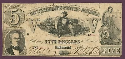 T-37 PF-2 CR-285 1861 Confederate States Of America $5 Note No.29451 (60836) • $110