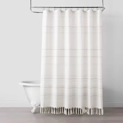 Hearth & Hand With Magnolia Woven Stripe Knotted Fringe Shower Curtain Fast Ship • $69.95