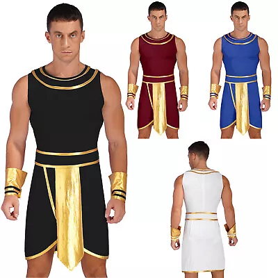 UK Mens Roman Toga Costume Ancient Greek God Outfits Tunic Cuffs Set Fancy Dress • £10.79