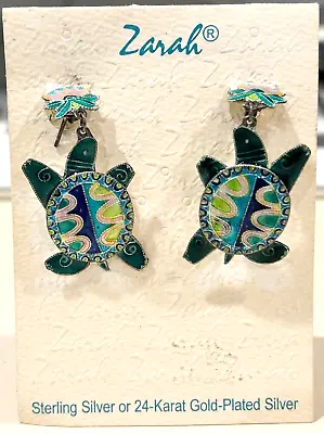 Zarah Blue & Green Enamel Turtle Dangle Earrings Sterling SIlver Plated • $26.95