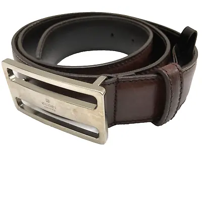 Gucci Mens Belt Brown Leather Made In Italy UNIQUE BUCKLE RARE 36-38 In Holes 18 • $428.78