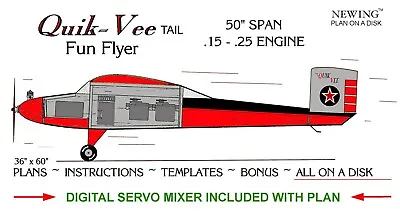 $24.95 • Buy QUIK-VEE TAIL Airplane Plan On A Disk - 36x60 FULL SIZE PLAN With “V-Tail Mixer”