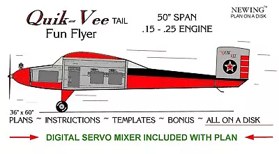 QUIK-VEE TAIL Airplane Plan On A USB Disk-50” Span W/ “V-Tail Mixer” FREE SHIP⭐️ • $29.95