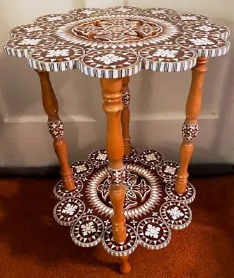 Egyptian Scalloped Wood Mosaic Mop Inlay Spindle Leg Side Accent End Table-22h  • $132