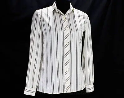 Size 6 Lanvin Shirt - Designer 70s Logo Print Blouse - Brown White Striped LS • $27.99