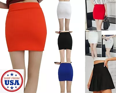 Women Basic Mid Waist Pencil Bodycon Mini Skirt Pleated Stretch Office Dress • $14.99