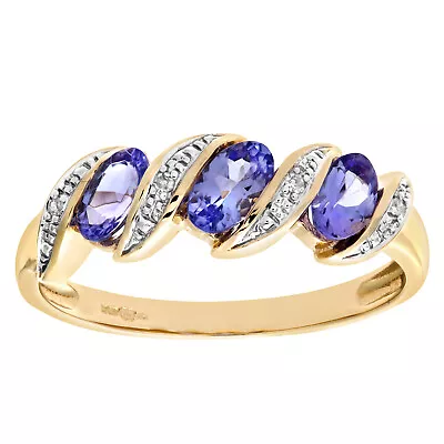 9ct Gold Jewelco London Diamond Oval Tanzanite Wavy Ribbon Pod Trilogy Ring 2mm • $445.11