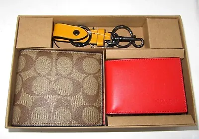 Coach CA005 Men's 3 In 1 Khaki Red Wallet Trigger Key Fob Boxed Gift Set NWT$228 • $93.99