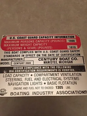 $7.95 • Buy NOS Century Boat Model 3500 Capacity Plate~1970s Era~Classic Boats~Vintage