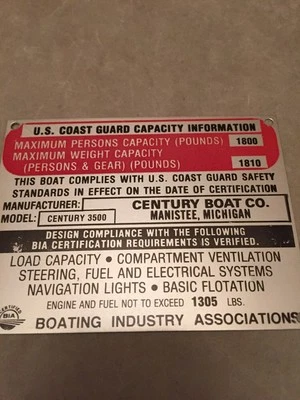 NOS Century Boat Model 3500 Capacity Plate~1970s Era~Classic Boats~Vintage • $7.95