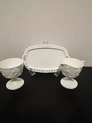 Vintage Milk Glass Glass Sugar & Creamer Grape Design Pedestal 4” W/ Dish Granny • $25