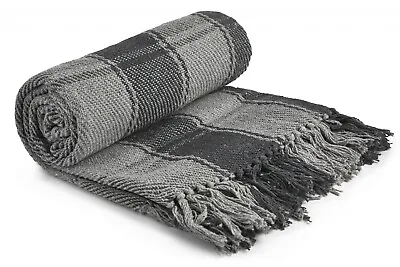 Luxury 100% Cotton Tartan Check Large Sofa Bed Throw Blanket Fringed Tweed Soft • £18.95