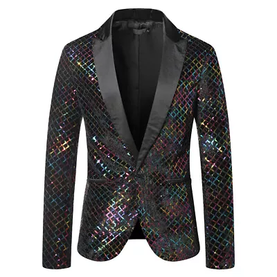 UK Mens Bling Sequins Tuxedo Suit One Button Party Coat Blazer Gentleman Jacket • £25.99