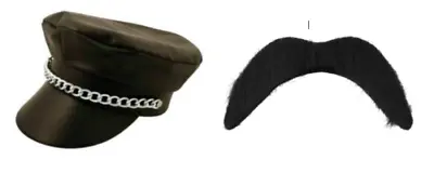 Biker Hat & Moustache Set Black PVC Leather Look YMCA Hat Gay Village People 80s • £7.99