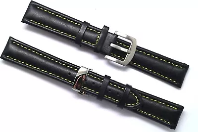 18 20mm Black Leather Yellow Stitching Men's Watch Band Strap With 2 Spring Bar • $12.95