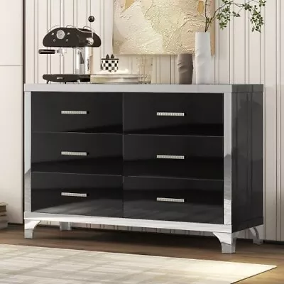  Modern Black High Gloss Dresser W/ Metal Handles | Mirrored Storage Cabinet 6 • $343.99