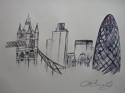 Original Pen & Ink Wash Cityscape Skyline Drawing Of London Bridge & The Gherkin • £29.99