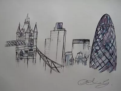 Original Pen & Ink Wash Cityscape Skyline Drawing Of London Bridge & The Gherkin • £39.99