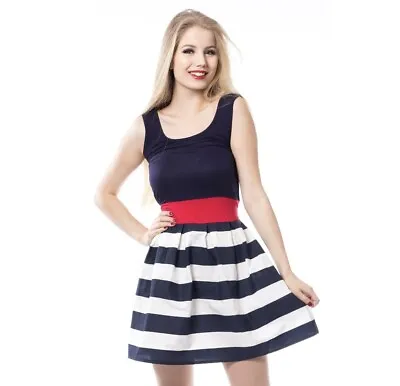 Rockabilly Navy Blue White Striped Sailor Mini Dress Nautical Red Bow Summer L • £19.99