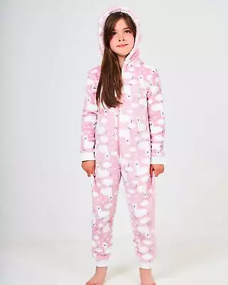 Kids Llama 1Onesie Girls Pink Hooded Zip Up All In One Jumpsuit Sleepsuit • £11.99