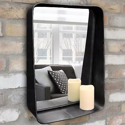 Wall Mount Mirror Black Metal Industrial Bathroom Mirrors Shelf Storage Display • £27.89