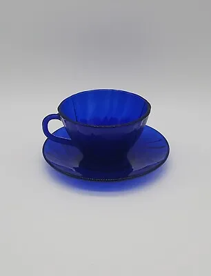 Duralex Vereco France Cobalt Blue Glass Rivage Swirl Teacup And Saucer Set • $12