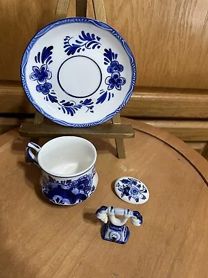 Delft Blue Floral Holland Windmill Cup Saucer Small  Telephone Trinket & Brooch • $12