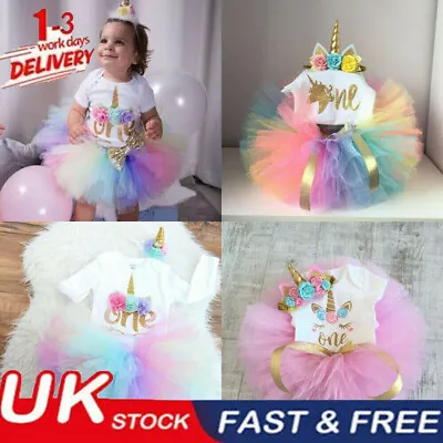 3PCS Baby Girl 1st Birthday Outfit Party Unicorn Romper Cake Smash Tutu Dress • £12.99