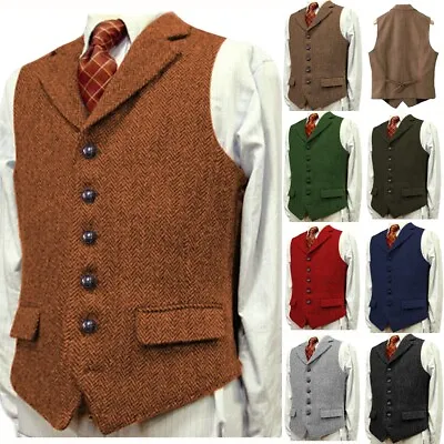 Mens Western Vest Tweed Wool Blend Herringbone Vintage Waistcoat M Large XL XXL • $26.02