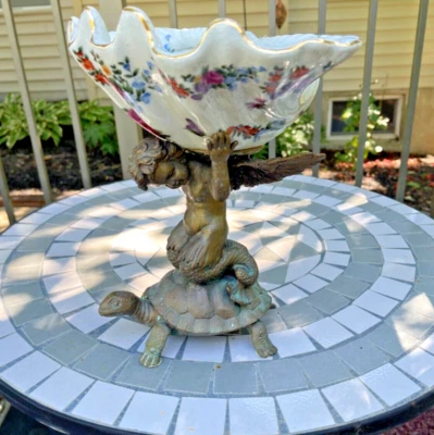 $99.95 • Buy Vintage Brass Cherub On Turtle Holding Ceramic Shell Statue Vase Plate Holder