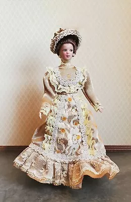 Dollhouse Miniature Victorian Doll Porcelain Fancy Lace Dress And Hat 1:12 Scale • $14.49