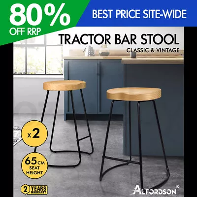 $139.95 • Buy ALFORDSON 2x Bar Stools 65cm Tractor Kitchen Wooden Vintage Chair Natural