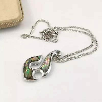 Unusual Abalone Paua Shell Resin Overlay Pendant Necklace Silver Tone Abstract • £5.95