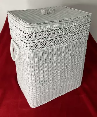 Vintage White Wicker Rattan Laundry Hamper Basket With Lid - Handles ~ 19  Tall • $73.99