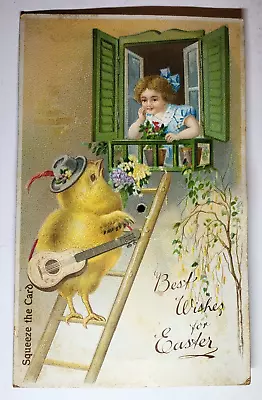 Best Wishes Easter Squeaky Chick Ladder Sing Girl Guitar VTG Unposted Postcard • $8.95