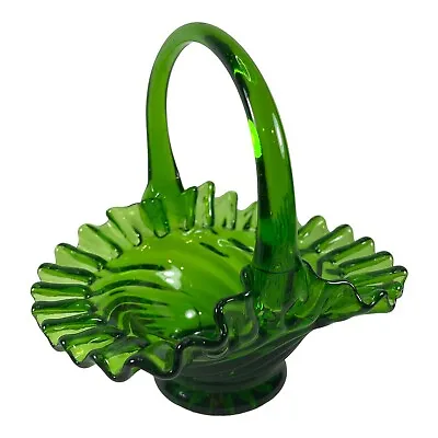 Vintage Green Glass Bridal Basket Swirl Ruffled Edge Flower Candy Trinket Dish • $29.95