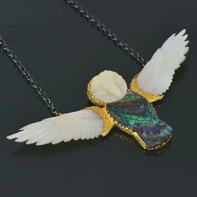 Gold Vermeil Sterling Owl Necklace Carved Mother-of-Pearl & Paua Shell 24.14 G • $199