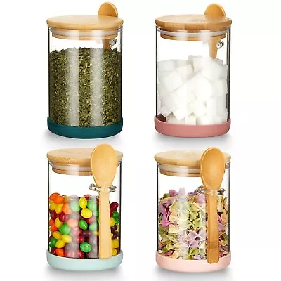 Set Of 4 Airtight Glass Jars With Bamboo Lids & Spoons 17 Oz Borosilicate Gl • $29.23