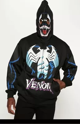 Marvel Venom Zip Up Hoodie Men's L Over The Face Mask Black Sweater Costume • $45.60