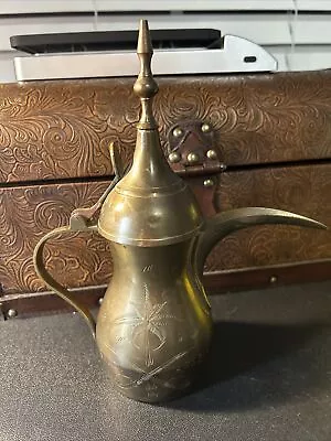 B) Middle Eastern Arabic Brass Dallah Coffee Pot Flower Engraved 10” • $15
