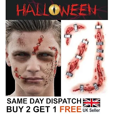 Halloween Zombie Scars Tattoos Fake Blood Staples Scar Wound Costume Make-Up Kit • £2.69