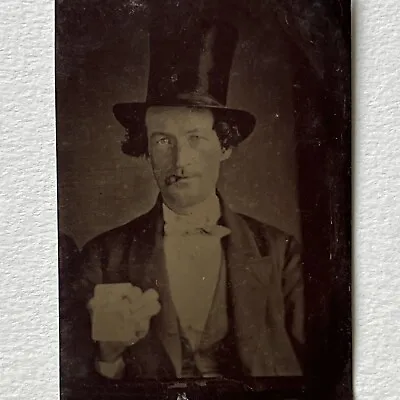 Antique Tintype Photograph Handsome Man Top Hat Cigar Holding Card Magician? • $84.95