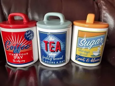 Set Of 3 TEA COFFEE SUGAR Kitchen Jars Storage Canisters 1950's/60's Retro Style • £9.99